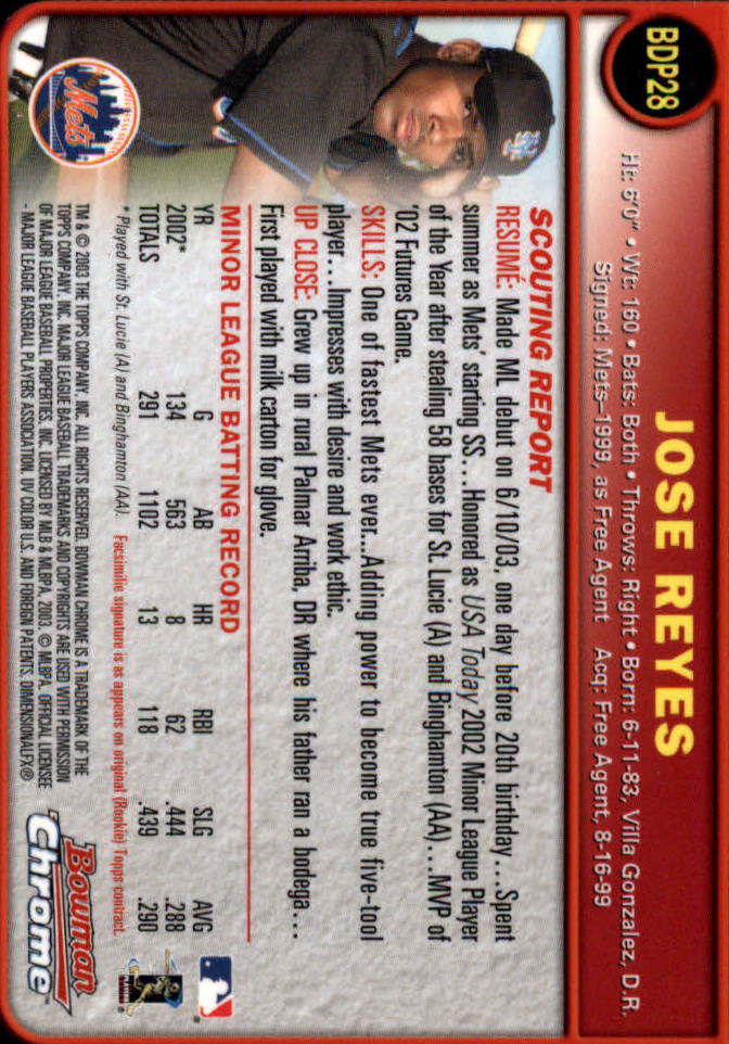 2003 Bowman Chrome Draft #28 Jose Reyes back image