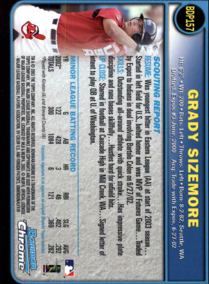 2003 Bowman Chrome Draft #157 Grady Sizemore back image