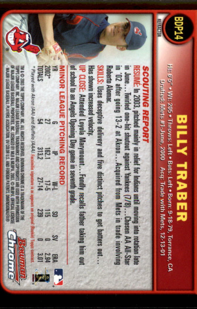 2003 Bowman Chrome Draft Refractors #14 Billy Traber back image