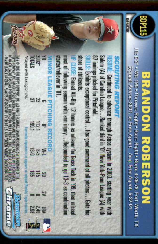 2003 Bowman Chrome Draft Refractors #115 Brandon Roberson
