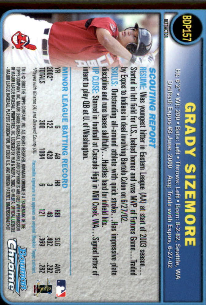 2003 Bowman Chrome Draft Refractors #157 Grady Sizemore back image