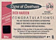2003 Bowman Heritage Signs of Greatness #RH Rich Harden back image