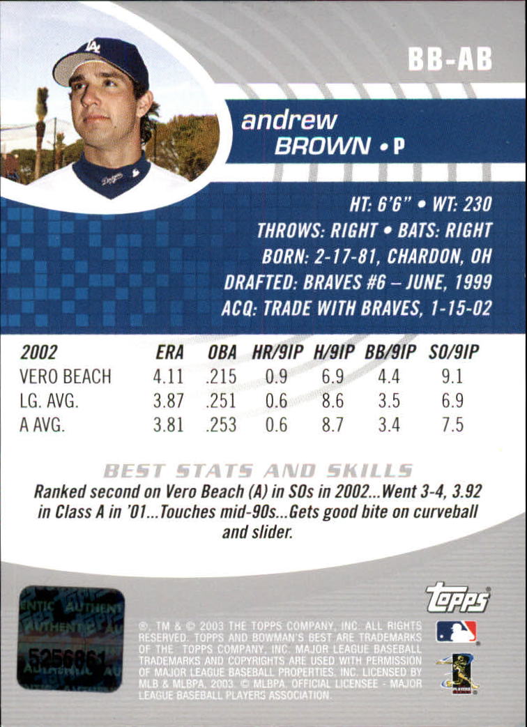 2003 Bowman's Best #AB Andrew Brown FY AU RC back image