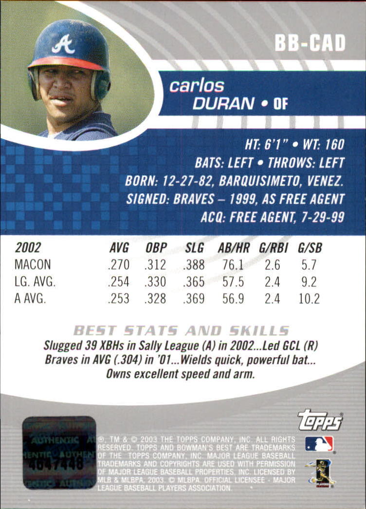 2003 Bowman's Best #CAD Carlos Duran FY AU RC back image