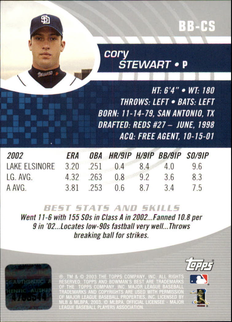2003 Bowman's Best #CS Cory Stewart FY AU RC back image