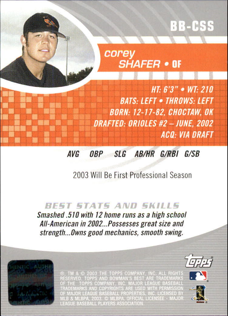 2003 Bowman's Best #CSS Corey Shafer FY AU RC back image