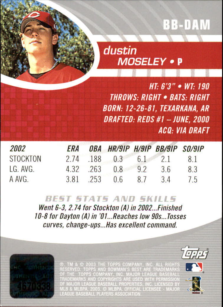 2003 Bowman's Best #DAM Dustin Moseley FY AU RC back image
