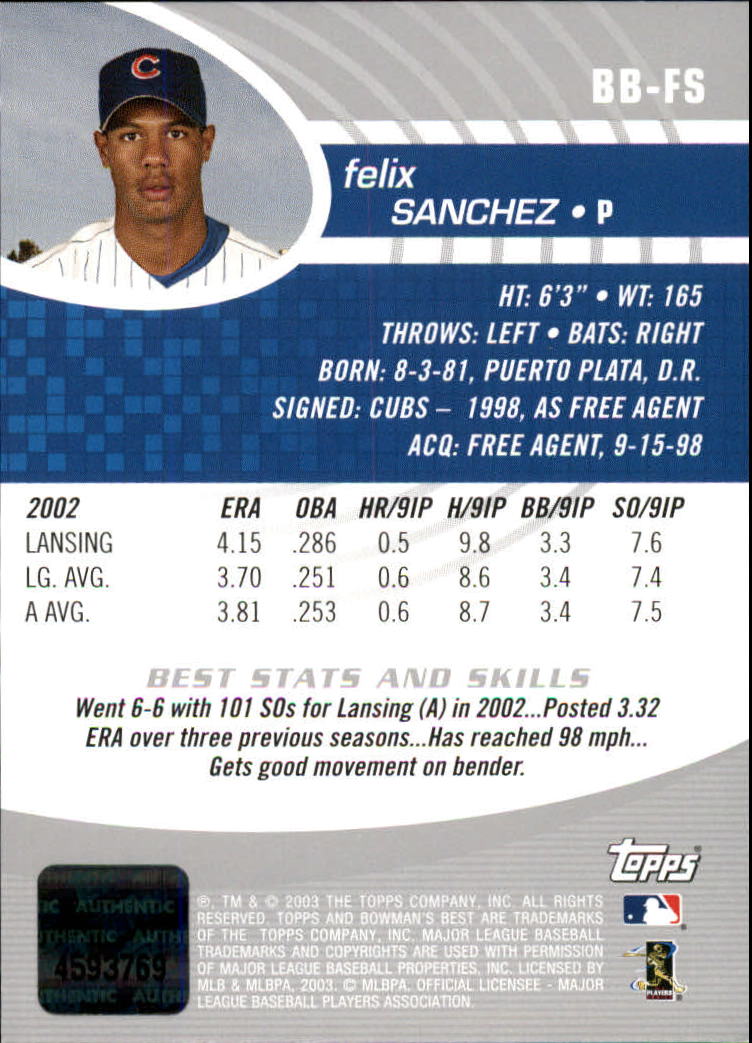 2003 Bowman's Best #FS Felix Sanchez FY AU RC back image
