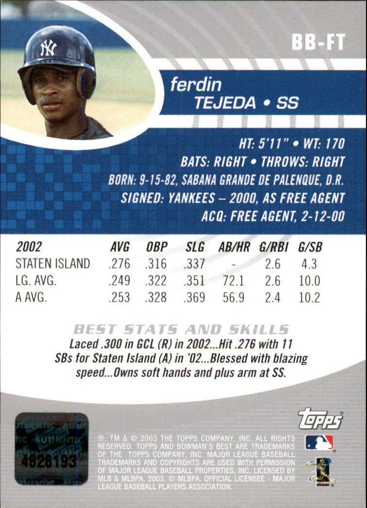 2003 Bowman's Best #FT Ferdin Tejeda FY AU RC back image