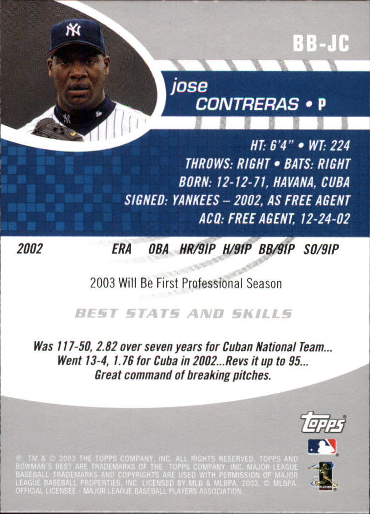 2003 Bowman's Best #JC Jose Contreras FY RC back image