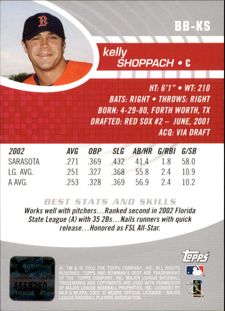 2003 Bowman's Best #KS Kelly Shoppach FY AU RC back image