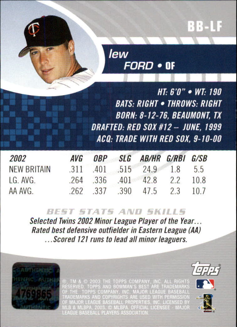 2003 Bowman's Best #LF Lew Ford FY AU RC back image
