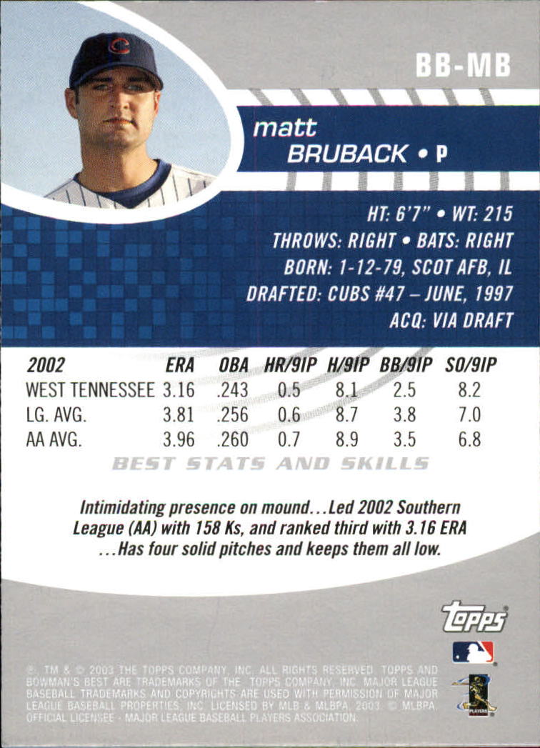 2003 Bowman's Best #MB Matt Bruback FY RC back image