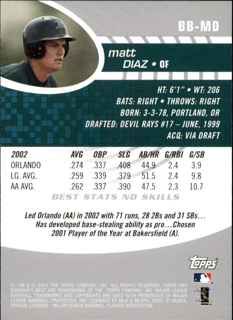 2003 Bowman's Best #MD Matt Diaz FY RC back image