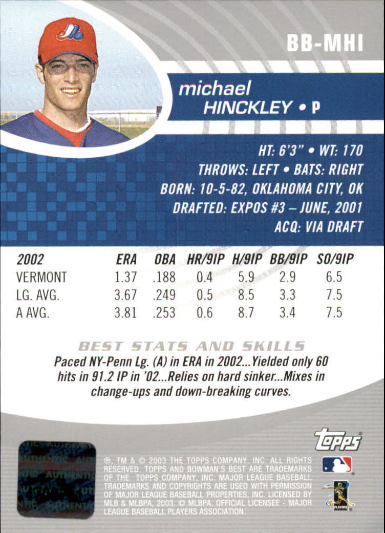 2003 Bowman's Best #MHI Michael Hinckley FY AU RC back image