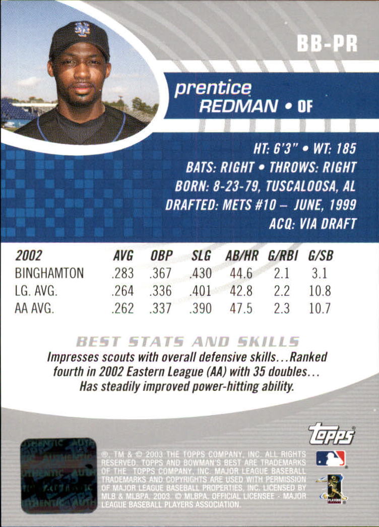 2003 Bowman's Best #PR Prentice Redman FY AU RC back image