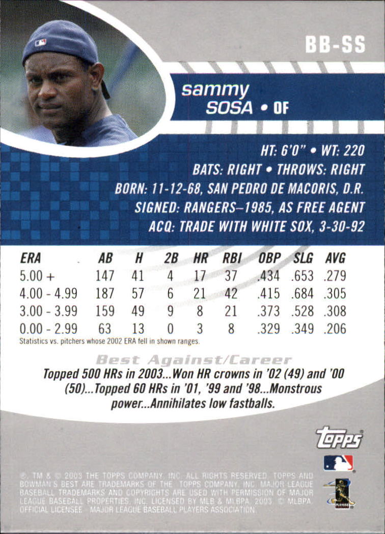 2003 Bowman's Best #SS Sammy Sosa back image
