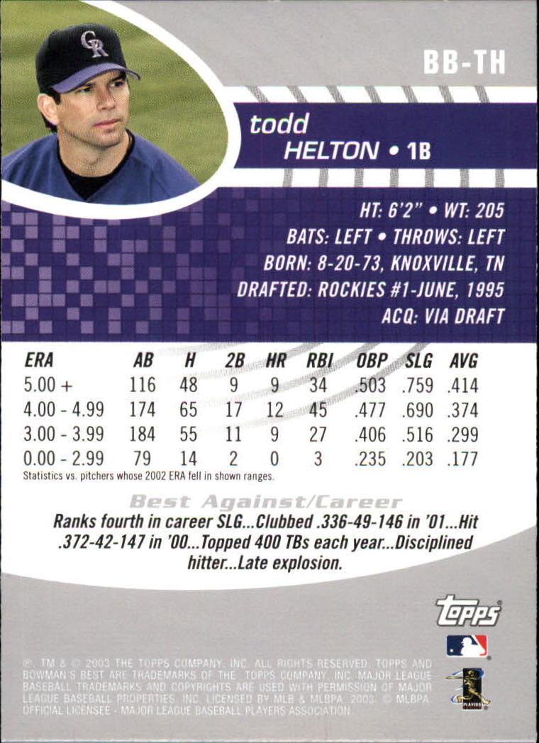 2003 Bowman's Best #TH Todd Helton back image