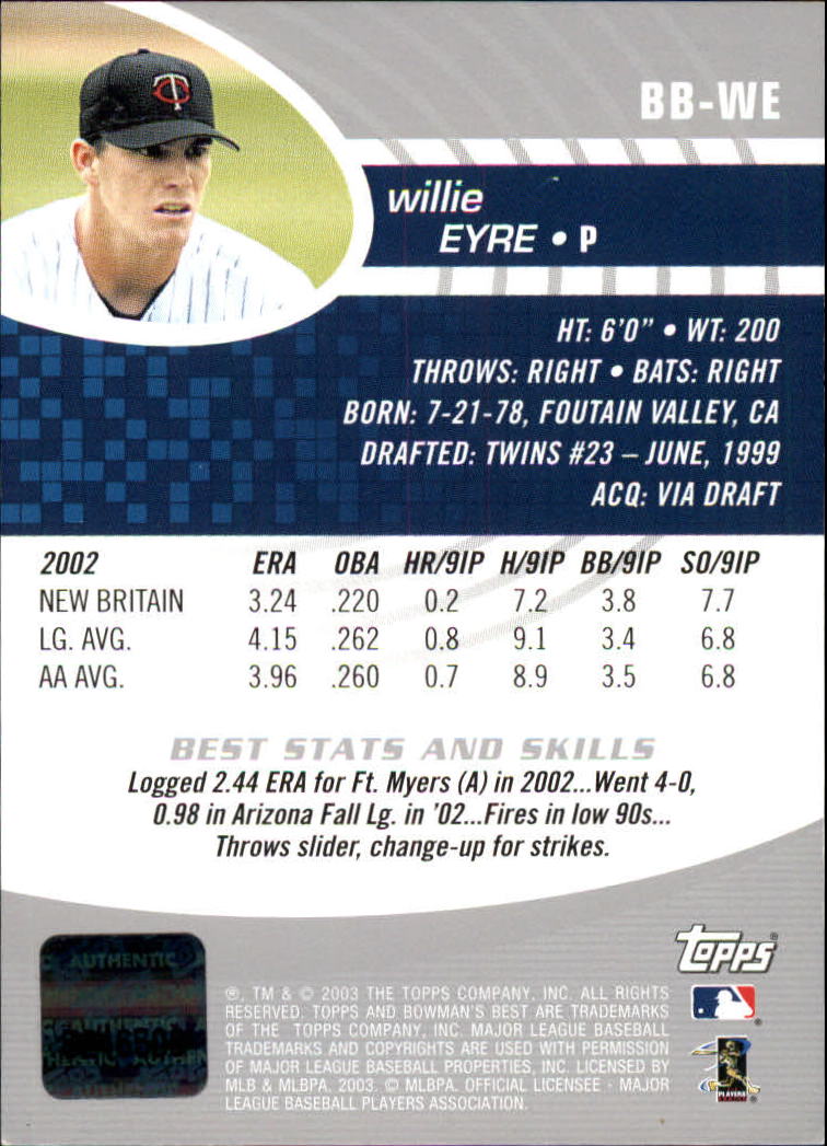 2003 Bowman's Best #WE Willie Eyre FY AU RC back image
