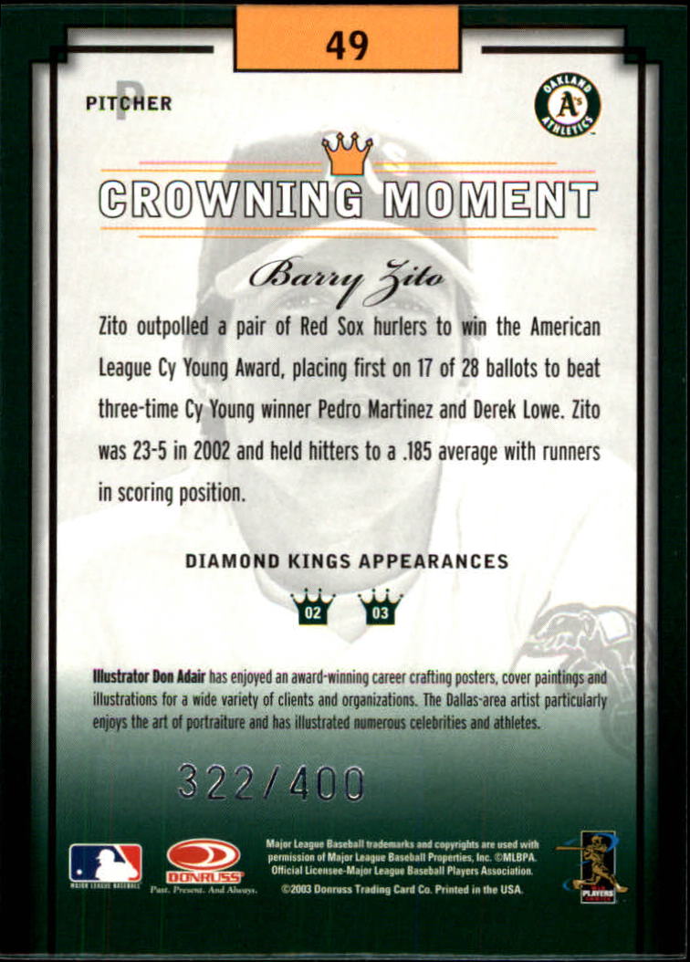 2003 Diamond Kings Silver Foil #49 Barry Zito back image