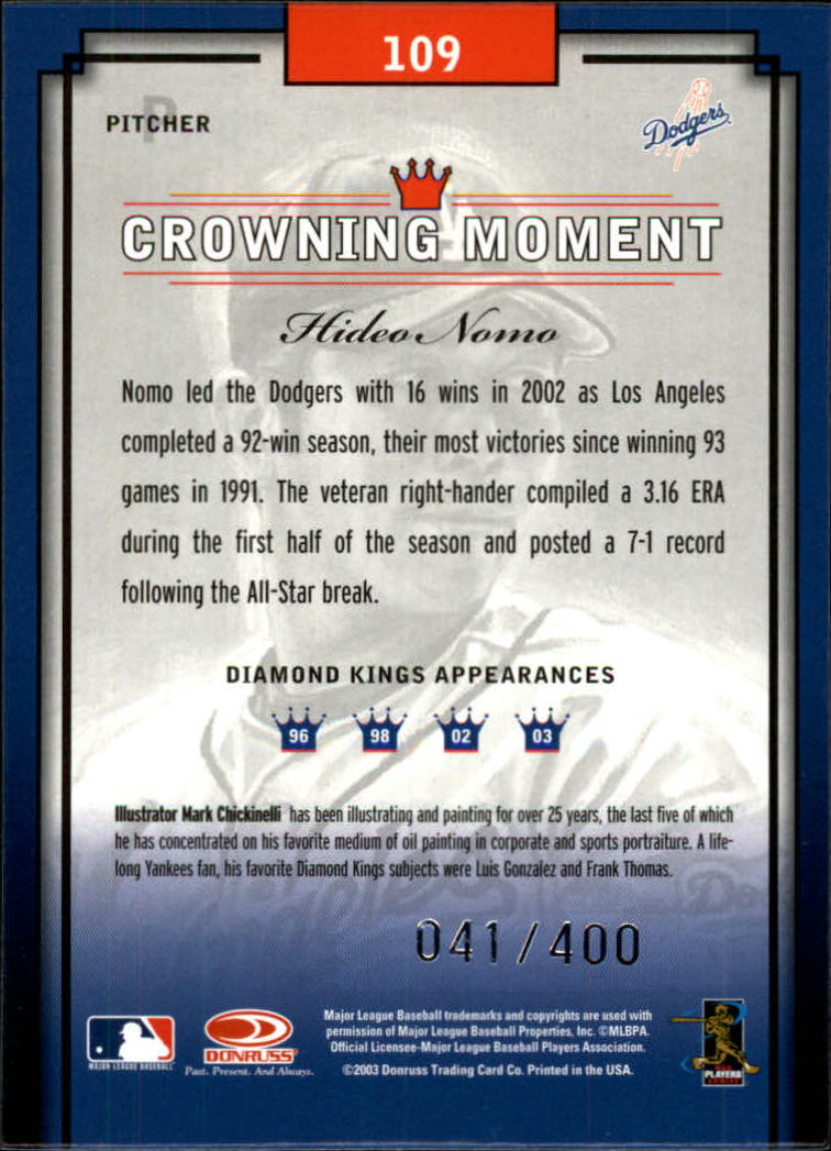 2003 Diamond Kings Silver Foil #109 Hideo Nomo back image