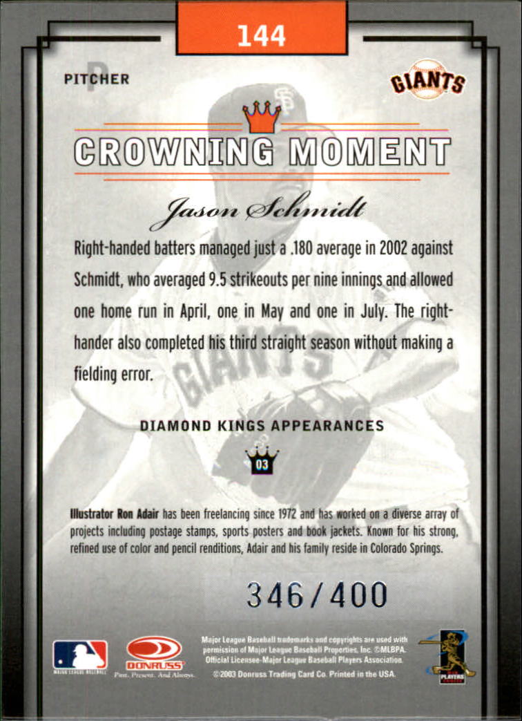 2003 Diamond Kings Silver Foil #144 Jason Schmidt back image