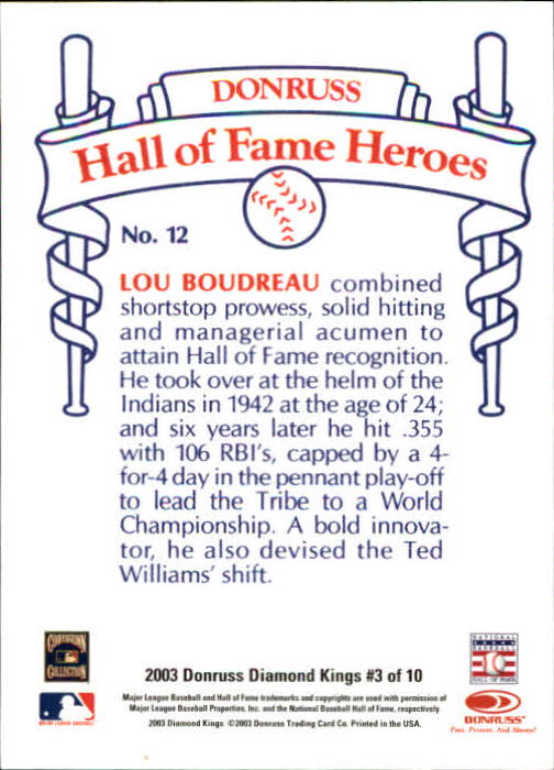 2003 Diamond Kings HOF Heroes Reprints #3 Lou Boudreau back image