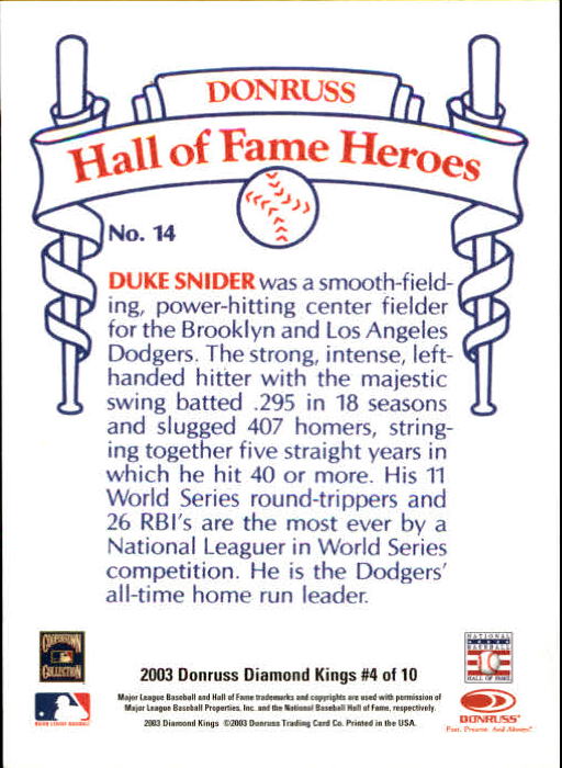 2003 Diamond Kings HOF Heroes Reprints #4 Duke Snider back image