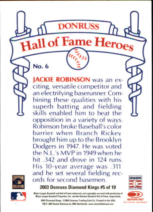 2003 Diamond Kings HOF Heroes Reprints #5 Jackie Robinson back image
