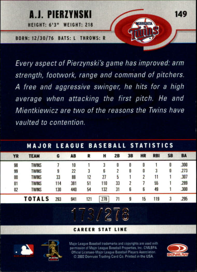 2003 Donruss Stat Line Career #149 A.J. Pierzynski/295 back image
