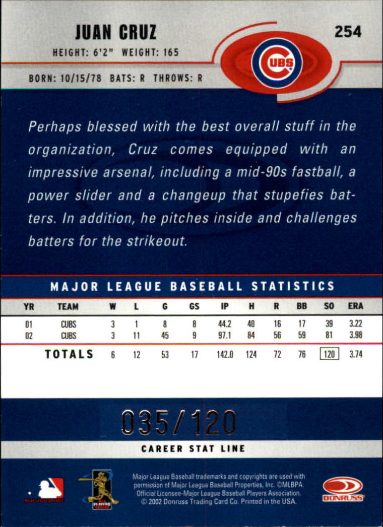 2003 Donruss Stat Line Career #254 Juan Cruz/120 back image