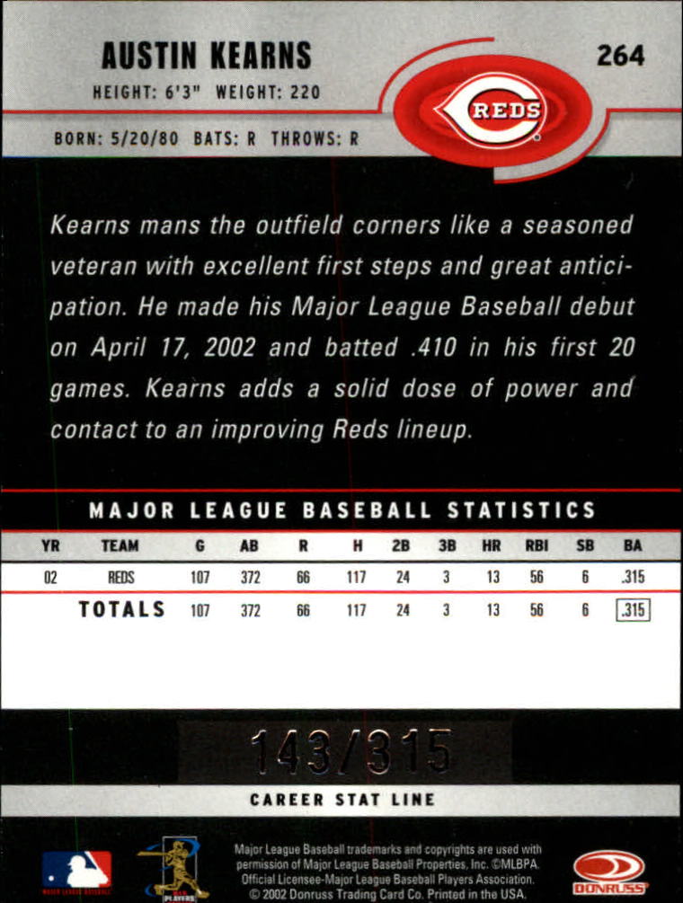 2003 Donruss Stat Line Career #264 Austin Kearns/315 back image