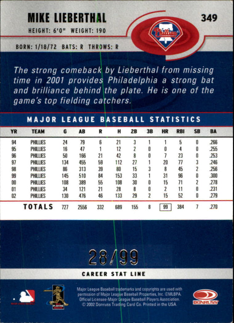 2003 Donruss Stat Line Career #349 Mike Lieberthal/99 back image