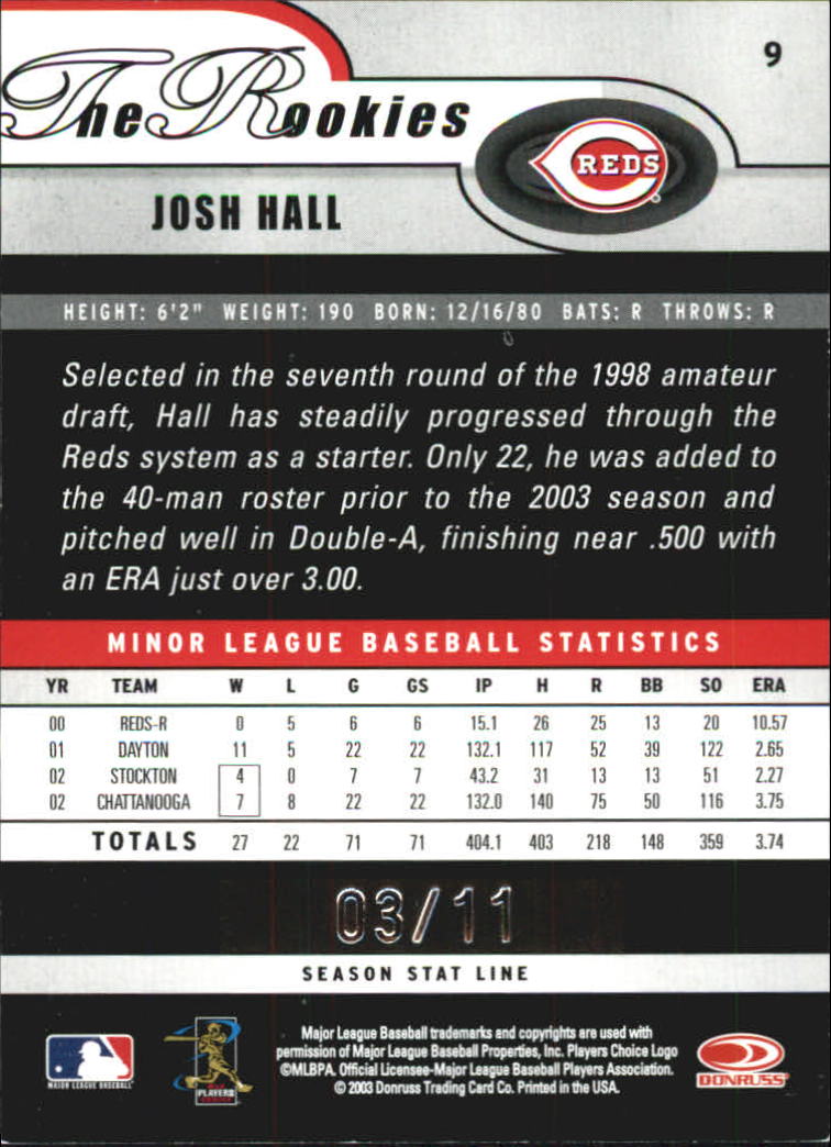 2003 Donruss Rookies Stat Line Season #9 Josh Hall/11 back image