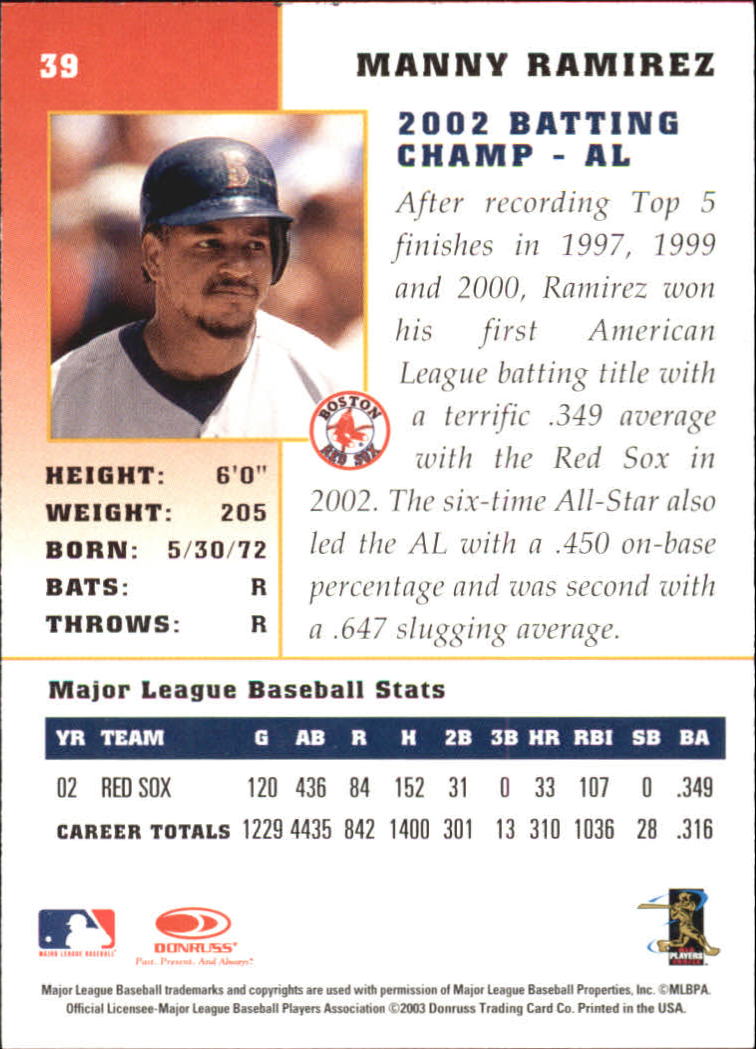 2003 Donruss Champions #39 Manny Ramirez back image