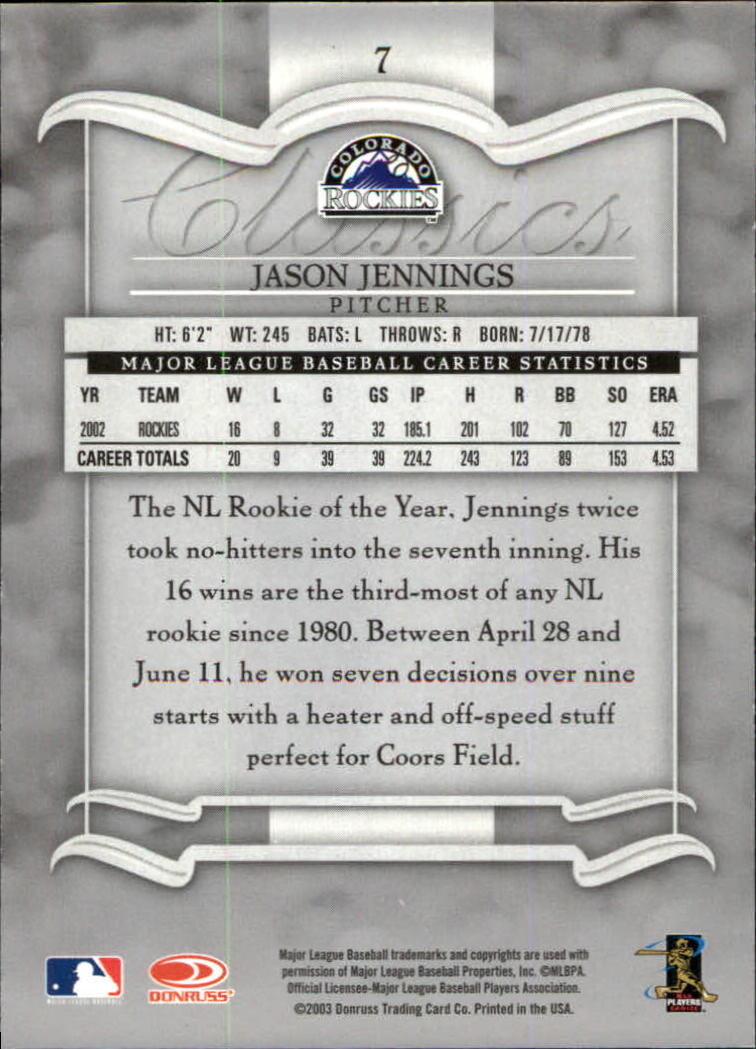 2003 Donruss Classics #7 Jason Jennings back image