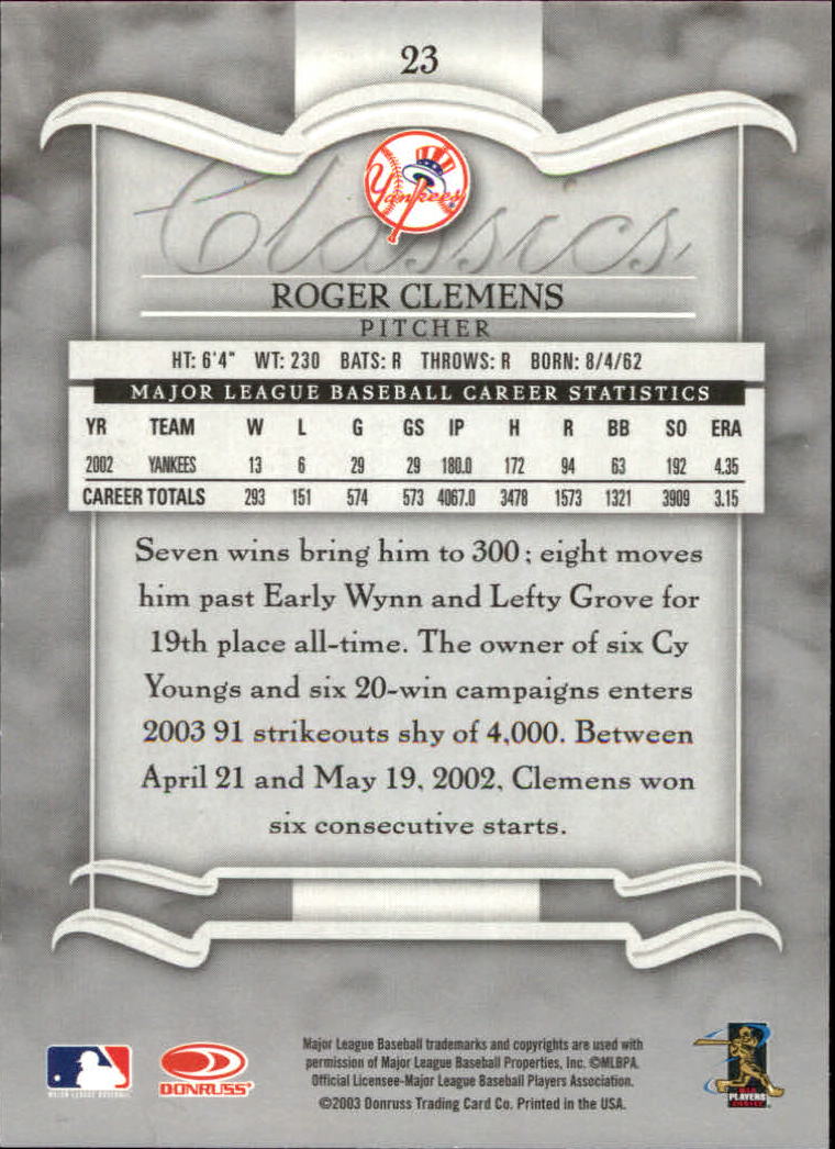 2003 Donruss Classics #23 Roger Clemens back image