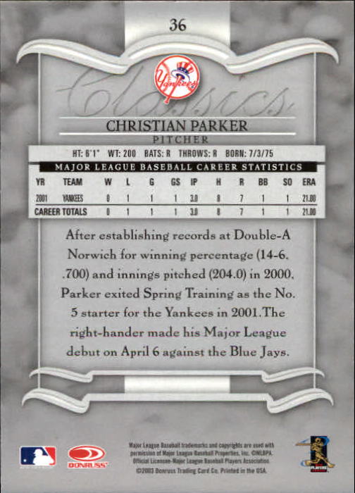 2003 Donruss Classics #36 Christian Parker back image