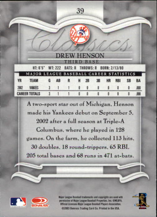 2003 Donruss Classics #39 Drew Henson back image