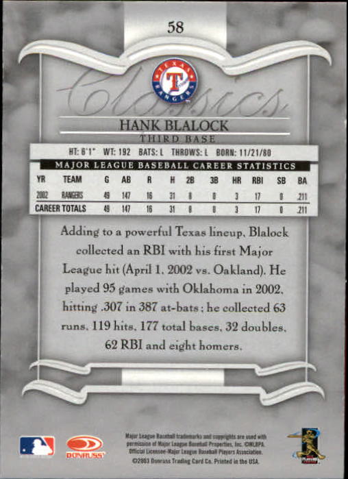 2003 Donruss Classics #58 Hank Blalock back image