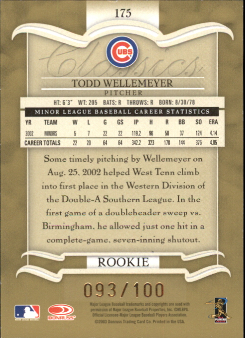 2003 Donruss Classics Timeless Tributes #175 Todd Wellemeyer ROO back image