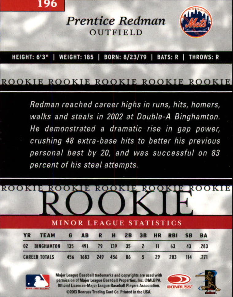 2003 Donruss Elite #196 Prentice Redman ROO RC back image