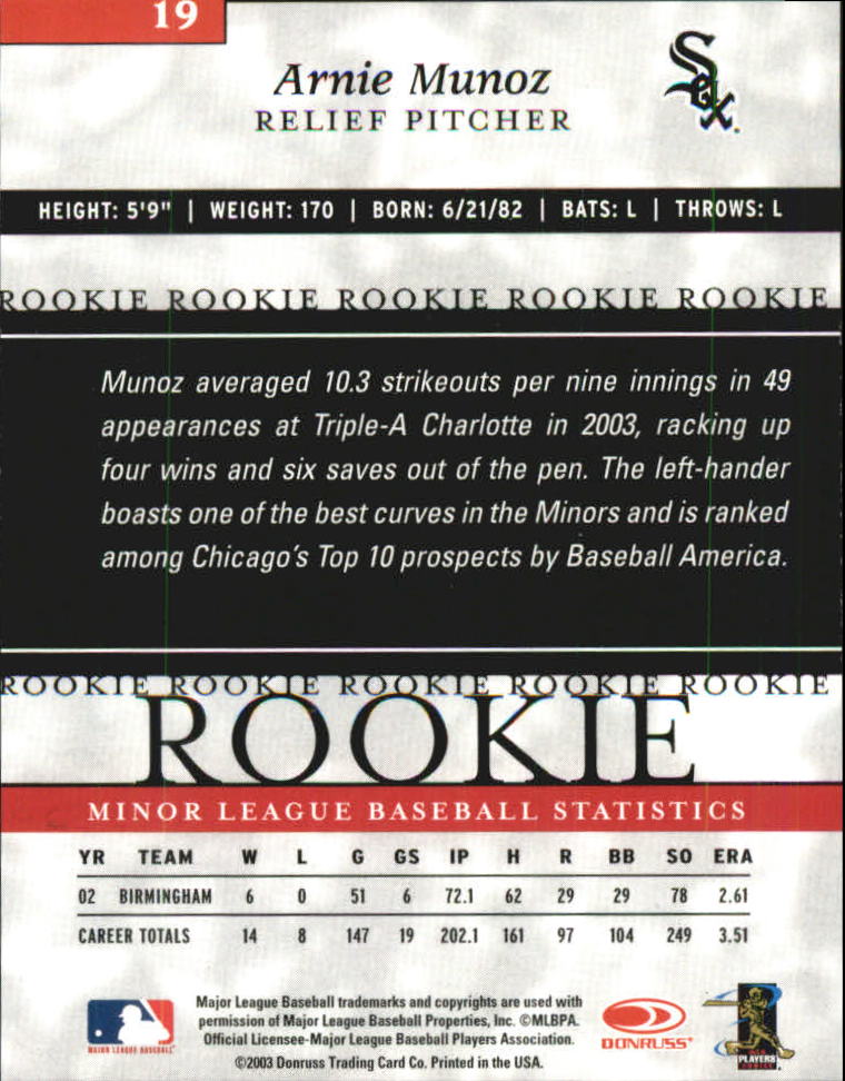 2003 Donruss Elite Extra Edition #19 Arnie Munoz RC back image