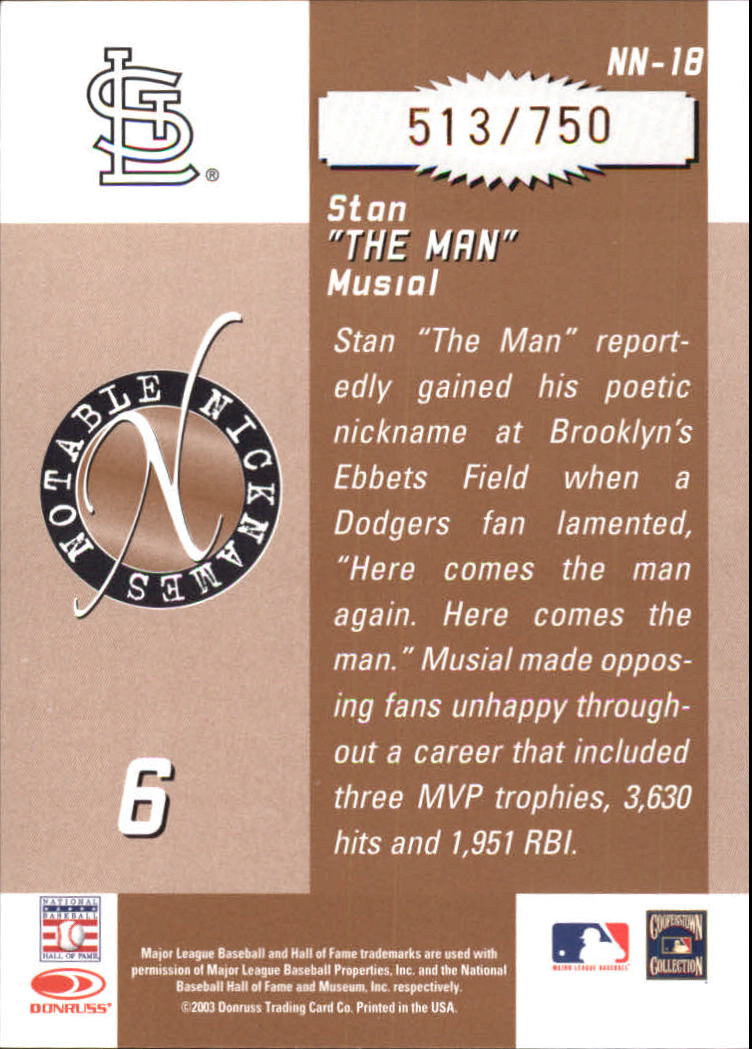 2003 Donruss Signature Notable Nicknames #18 Stan Musial back image
