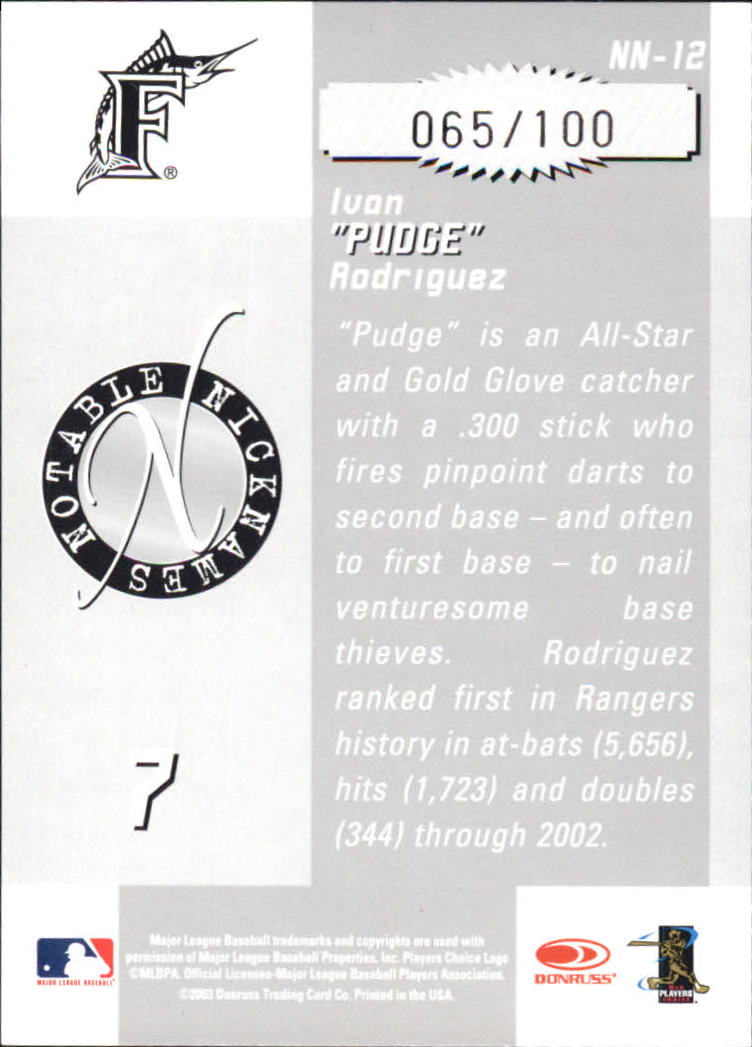 2003 Donruss Signature Notable Nicknames Century #12 Ivan Rodriguez back image