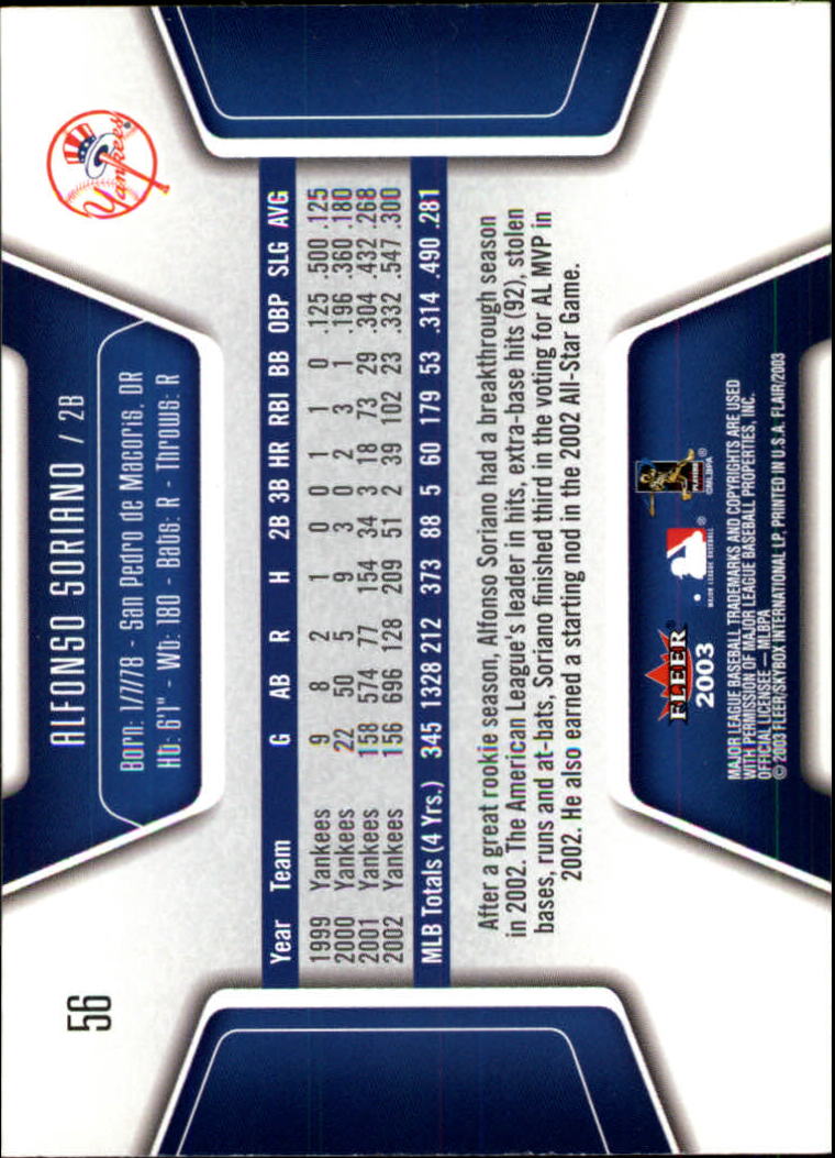 2003 Flair #56 Alfonso Soriano back image