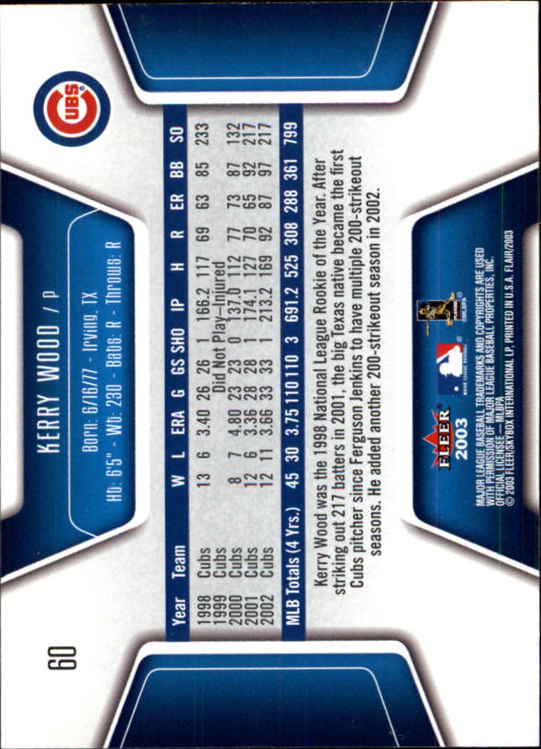 2003 Flair #60 Kerry Wood back image