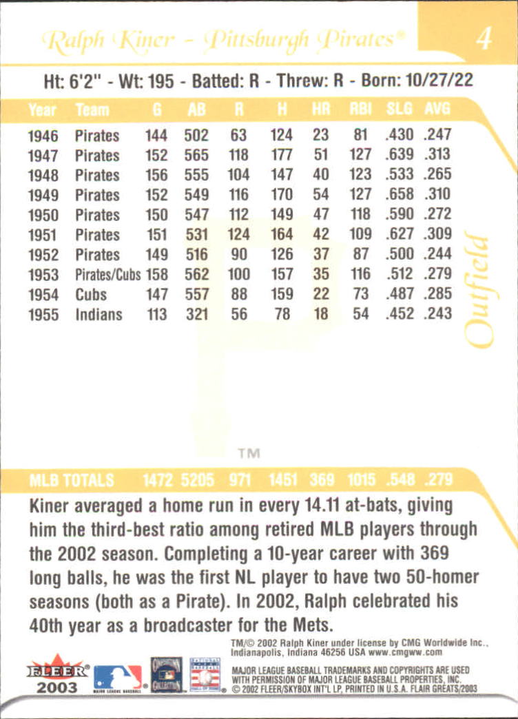 2003 FLAIR GREATS BASEBALL ASSORTED SINGLES U-PICK - Picture 9 of 203