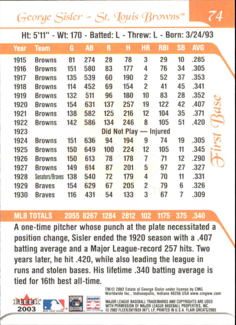 2003 FLAIR GREATS BASEBALL ASSORTED SINGLES U-PICK - Picture 147 of 203