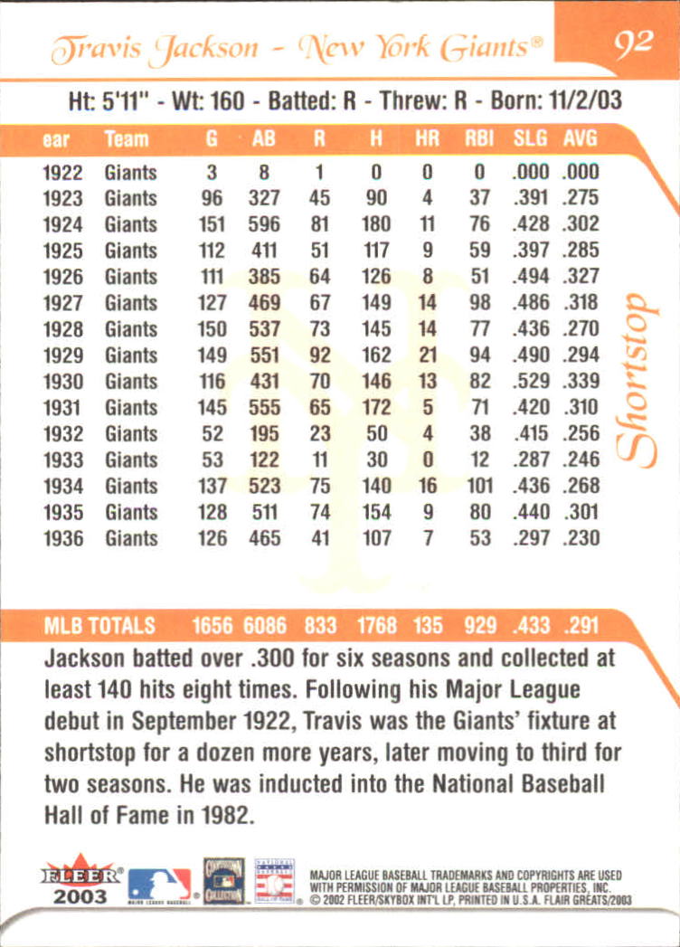 2003 FLAIR GREATS BASEBALL ASSORTED SINGLES U-PICK - Picture 183 of 203